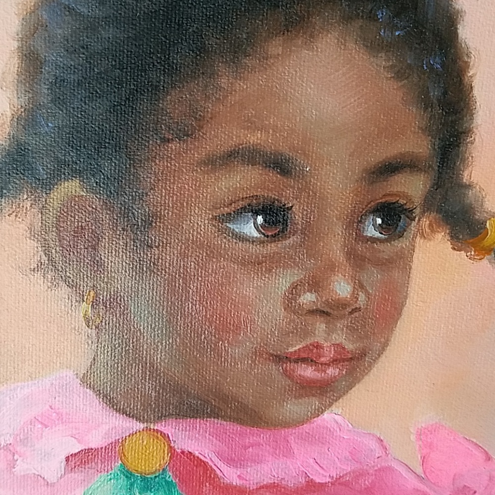 Oil Painting by O'kee Pink Green Gold Curly Hair
